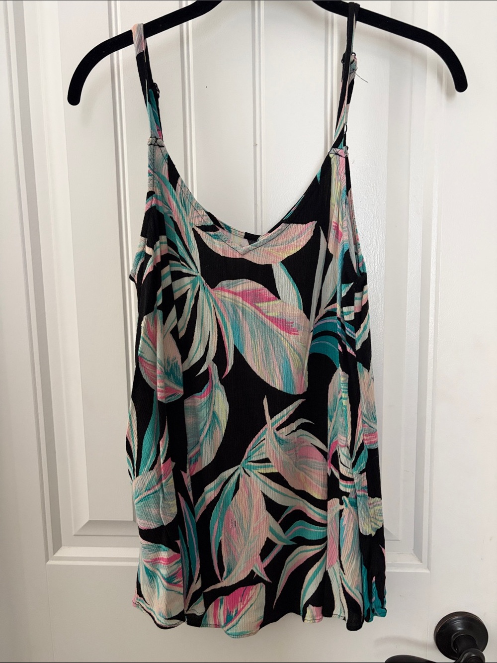 Tropical Leaf Print Black Camisole with Teal & Pink Accents